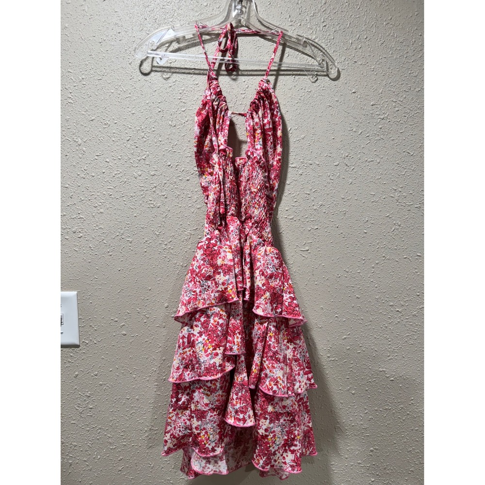 SHEIN Pink Floral Halter Mini Dress Smocked Waist Tiered Ruffle‎ Skirt Size M